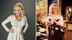 Dolly Parton now and in the Dollywood garden in 1995