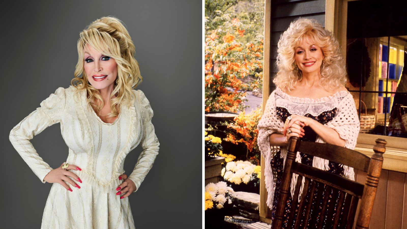 Dolly Parton now and in the Dollywood garden in 1995