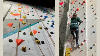 Susan Griffin climbing up a wall, trying indoor climbing for beginners for the first time
