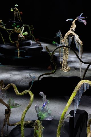 Shona Heath’s Acne Studios show set featuring embellished tree sculpture