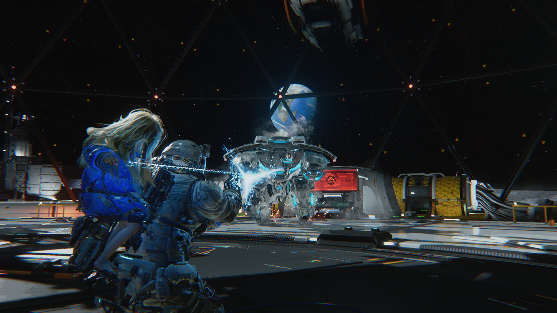 Promotional screenshot of Hugh and Diana fighting a machine in Pragmata