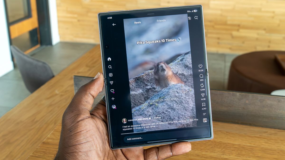 An Instagram Reel playing vertically on the Galaxy Z Fold 8 internal folding display