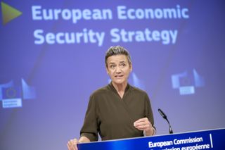 Margrethe Vestager talking to media the Berlaymont, the EU Commission headquarter on June 20, 2023, in Brussels, Belgium