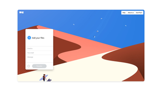 webpage for WeTransfer featuring an illustration of a desert and a space to upload files