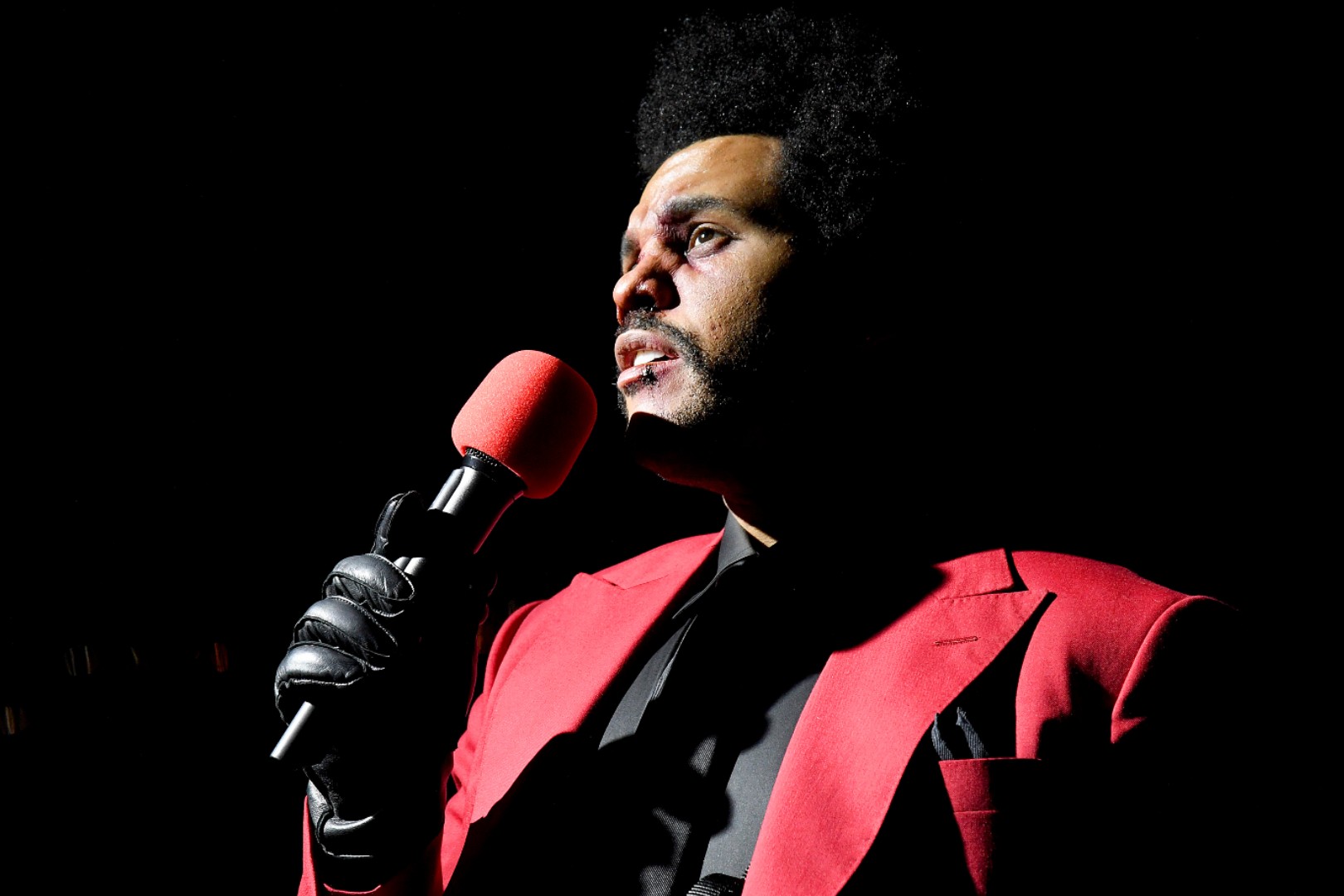 The Weeknd's Red Givenchy Suit at Super Bowl Halftime Show
