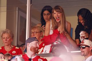 aylor Swift reacts during a game between the Chicago Bears and the Kansas City Chiefs at GEHA Field at Arrowhead Stadium on September 24, 2023 in Kansas City, Missouri. (Photo by David Eulitt/Getty Images)