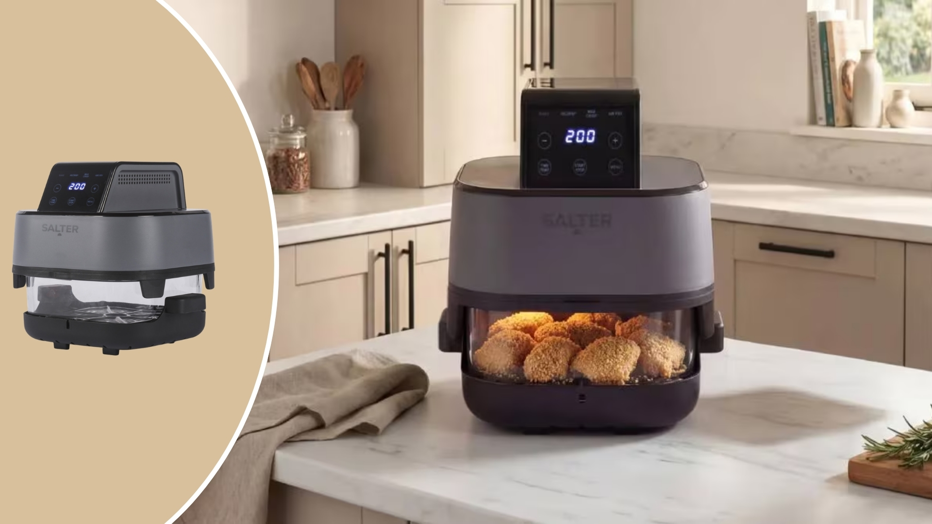 The Salter Crisp And Go Air Fryer  cooking fish fingers on the counter with a cutout of the Salter Crisp And Go Air Fryer 