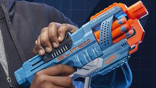 Nerf Elite 2.0 Commander RD-6 in someone's hands, being primed