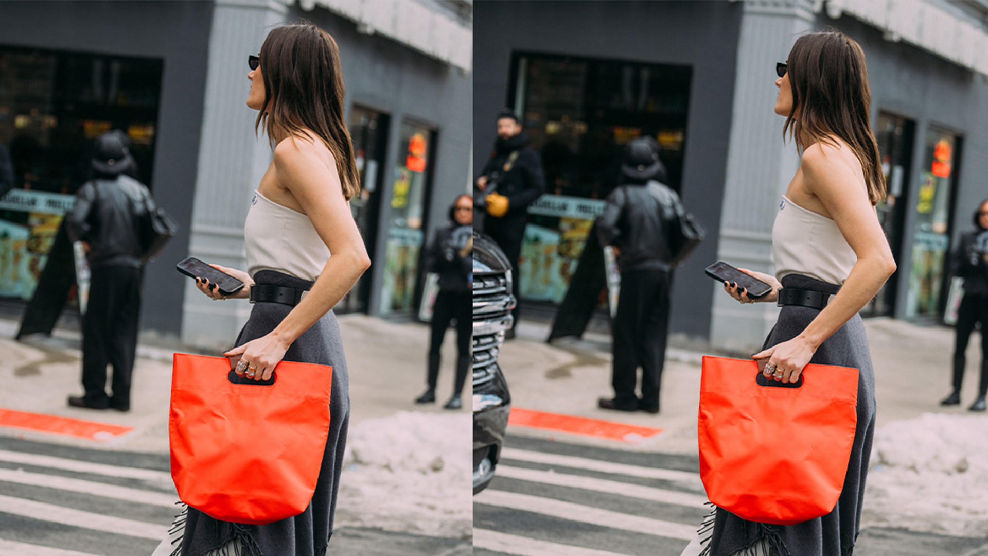 woman wears tank top black scarf and white skirt with red handbag