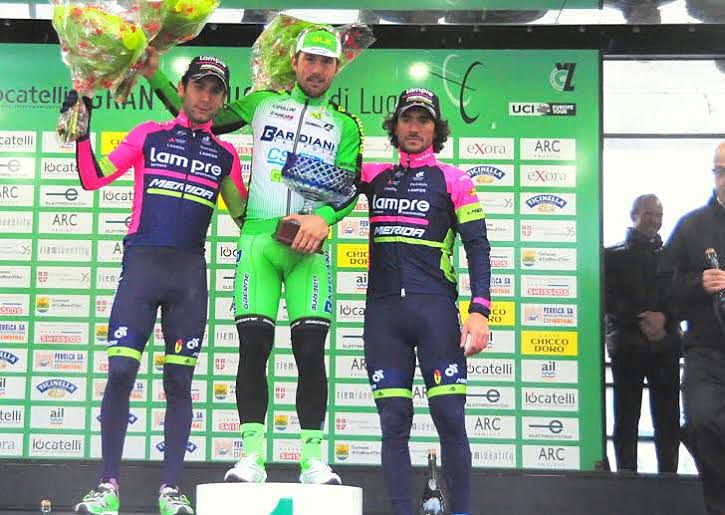 2016 GP Lugano podium: Diego Ulissi (Lampre-Merida), Sonny Colbrelli (Bardiani-CSF), Roberto Ferrari (Lampre-Merida)