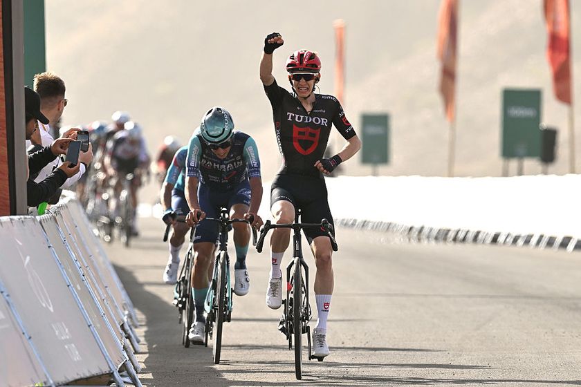 BIR JAYDAH MOUNTAIN WIRKAH, SAUDI ARABIA - JANUARY 29: Yannis Voisard of Switzerland and Team Tudor Pro Cycling celebrates at finish line as stage winner during the 6th AlUla Tour 2026, Stage 3 a 142.1km stage from Winter Park - Alula to Bir Jaydah Mountain Wirkah 955m on January 29, 2026 in Winter Park - Alula, Saudi Arabia. (Photo by Dario Belingheri/Getty Images)