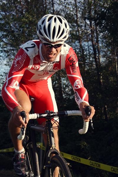 Joachim Parbo (Leopard) suffers in pursuit of the leaders.