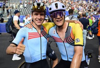 Remco Evenepoel with Belgian teammate Jasper Stuyven after the Paris Olympic Games road race