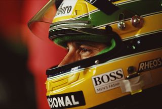 Ayrton Senna wearing his crash helmet