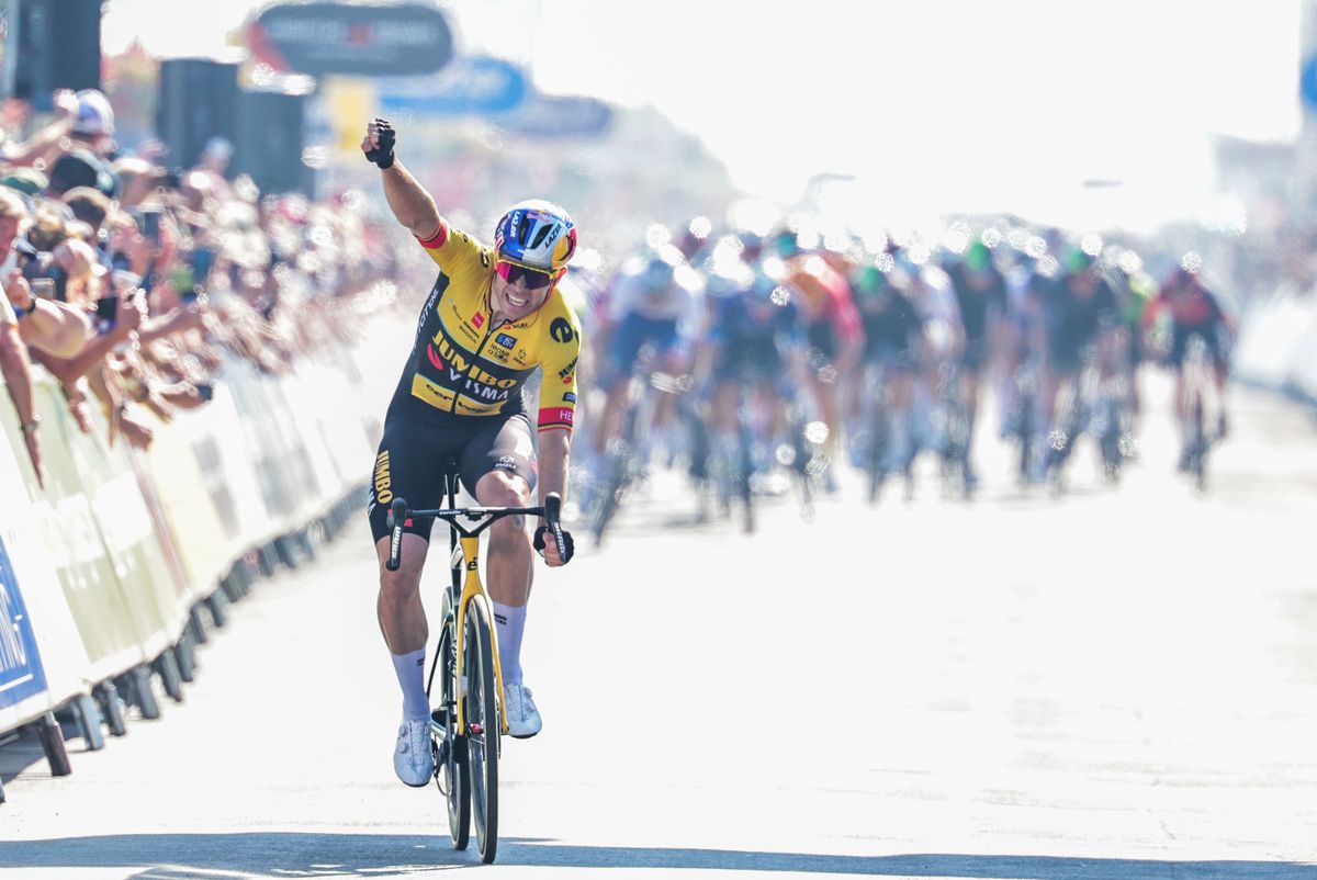 Picture by Alex Whitehead/SWpix.com - 07/09/2023 - Cycling - 2023 Tour of Britain - Stage 5: Felixstowe to Felixstowe (192.4km) - Wout van Aert of Team Jumbo Visma Celebrating his victory in Stage 5 of the 2023 Tour of Britain in Felixstow