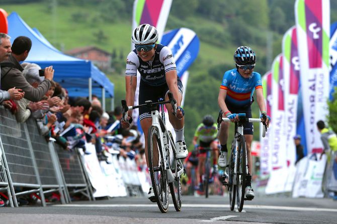 Audrey Cordon-Ragot (Trek-Segafredo) crosses the line at the finish of stage 2 of the 2019 Emakumeen Bira