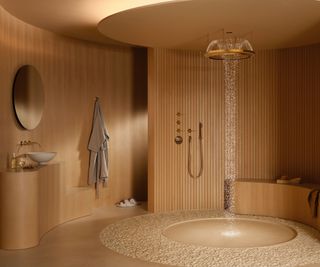 A walk in shower room made from wood with organic shaped walls and furniture