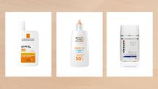 Collage of three of the best sunscreens for sensitive skin from La Roche-Posay, Garnier and Ultrasun set against a beige watercolour-style background