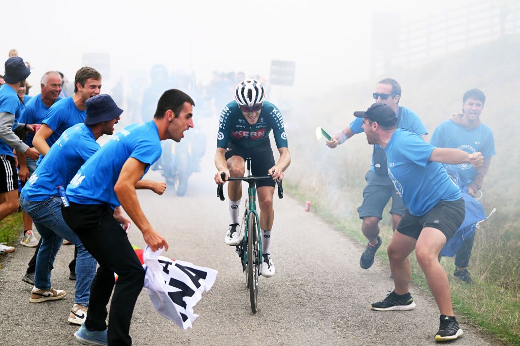 PAJARES SPAIN SEPTEMBER 01 Pablo Castrillo of Spain and Team Equipo Kern Pharma attacks in the breakaway during the La Vuelta 79th Tour of Spain 2024 Day 15 a 143km stage from Infiesto to ValgrandePajares Cuitu Negru 1835m UCIWT on September 01 2024 in Pajares Spain Photo by Dario BelingheriGetty Images