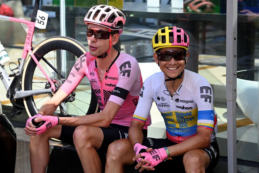 GUILIN CHINA OCTOBER 17 LR Hugh Carthy of Great Britain and Esteban Chaves of Colombia and Team EF EducationEasypost prior to the 4th GreeTour of Guangxi 2023 Stage 6 a 1683km stage from Guilin to Guilin UCIWT on October 17 2023 in Guilin China Photo by Tim de WaeleGetty Images