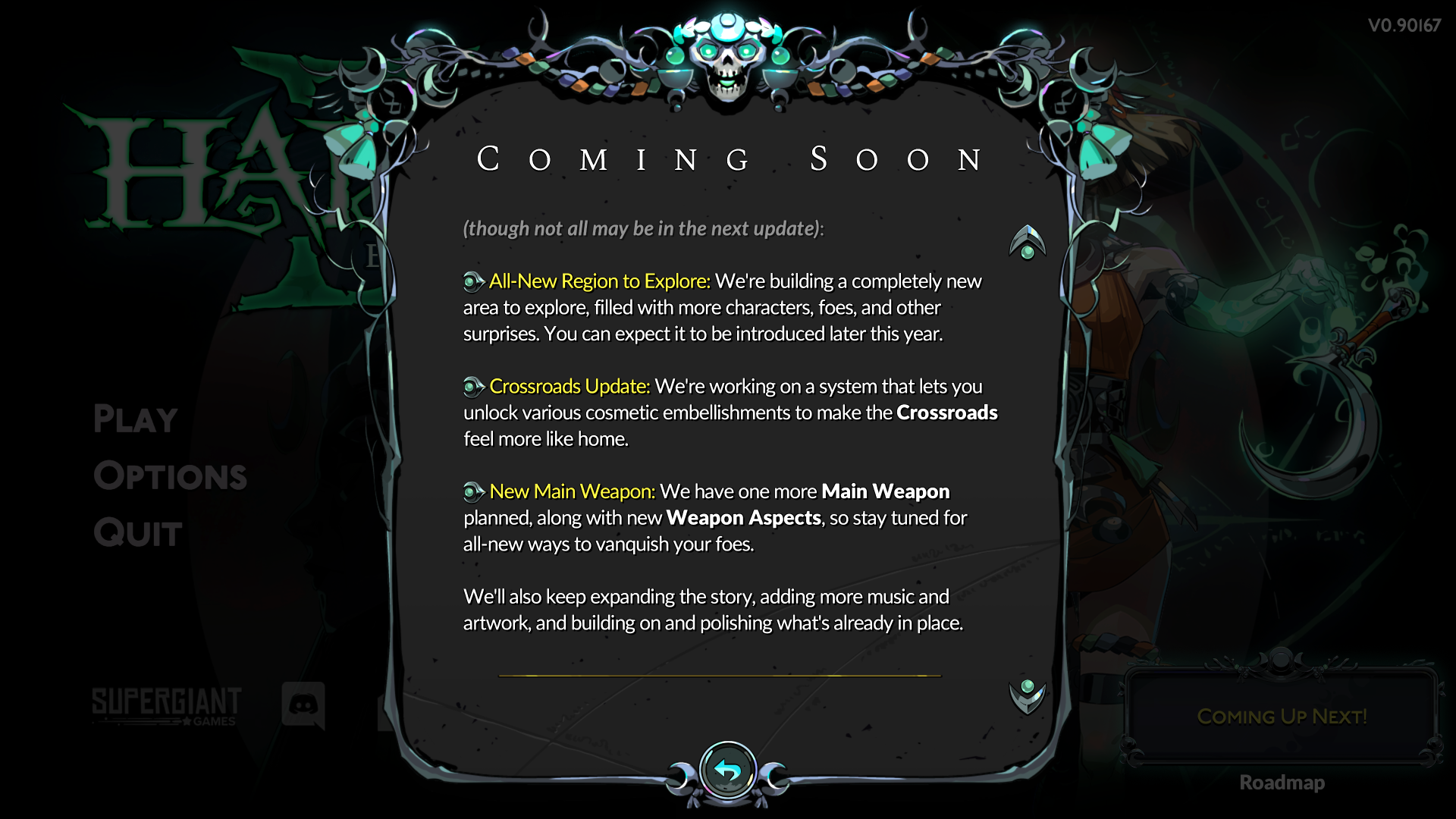 Hades 2 roadmap of early access updates on the in-game menu