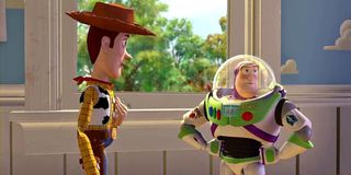 Woody (Tom Hanks) talking to Buzz Lightyear (Tim Allen) in Toy Story