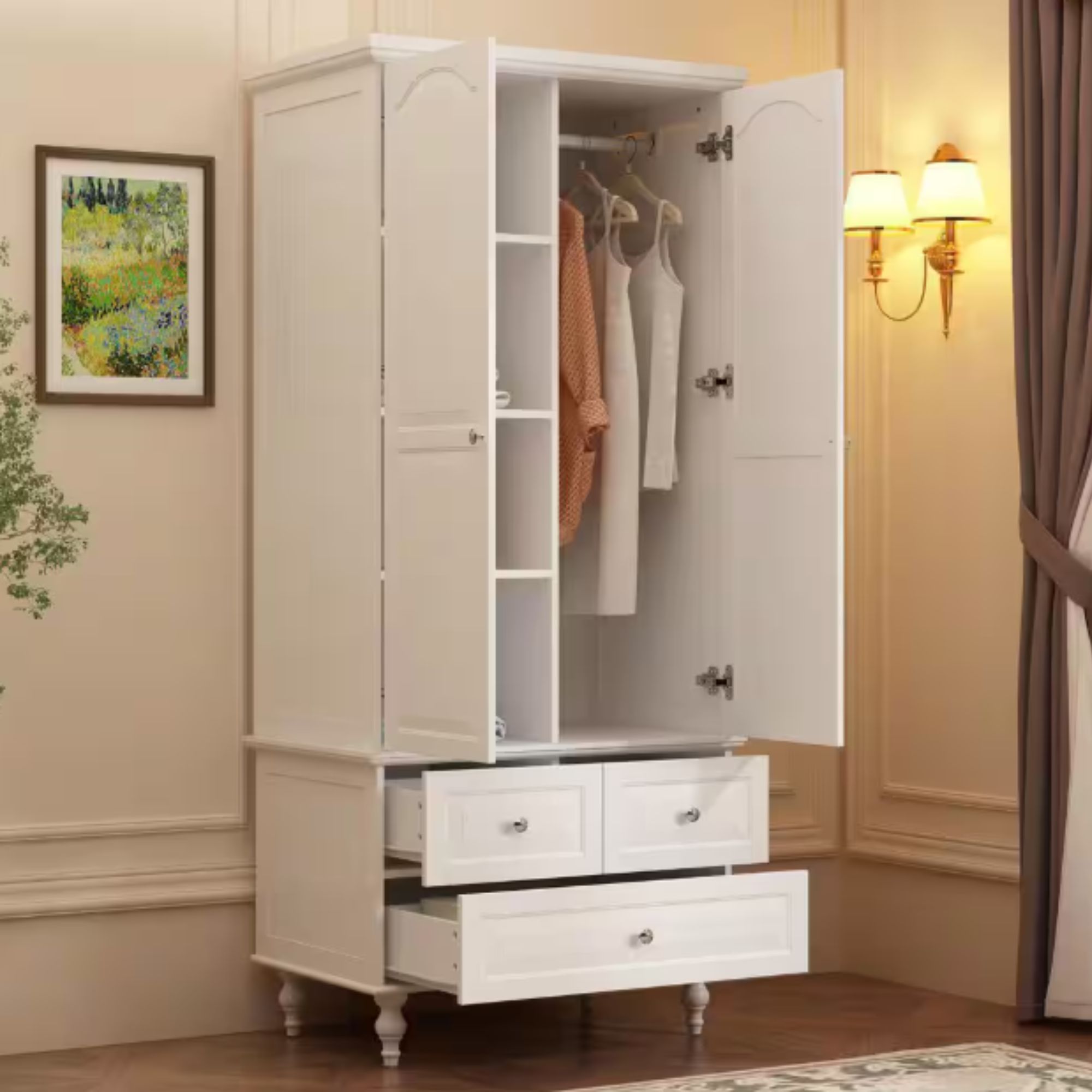 White Paint Wood 2-Door Armoires with Hanging Rod