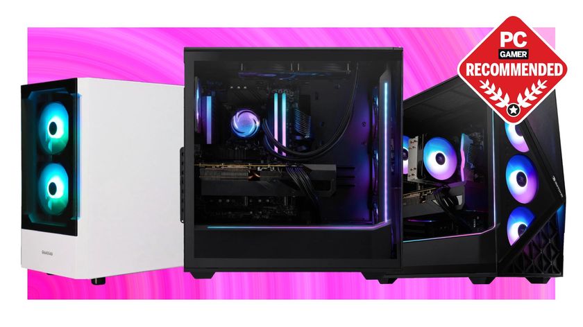 Three gaming PCs on a pink background with the PC Gamer Recommended badge in the top right