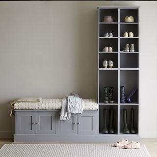 New Hampshire modular wall unit in boot room with cushion over storage bench in grey