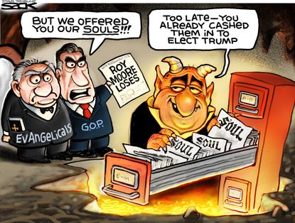 Political cartoon U.S. Roy Moore election loss Trump morality