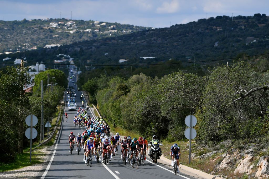 LOULE PORTUGAL FEBRUARY 20 A general view of the peloton passing through a landscape during the 48th Volta Ao Algarve 2022 Stage 5 a 173km stage from Lagoa to MalhoLoul 514m VAlgarve2022 on February 20 2022 in Loule Portugal Photo by Luc ClaessenGetty Images