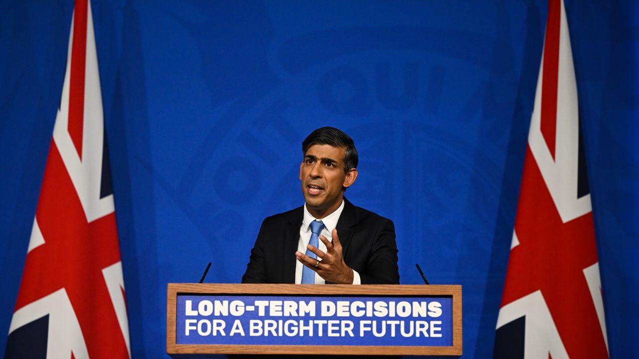 Rishi Sunak gives speeech in front of a lecturn that reads, &#039;long-term decisions for a bright future&#039;