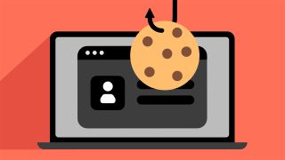 Cartoon image of a laptop displaying user login information on a red background. A fishing hook with a cookie is seen in front of the laptop