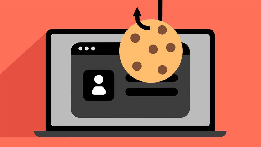 Cartoon image of a laptop displaying user login information on a red background. A fishing hook with a cookie is seen in front of the laptop