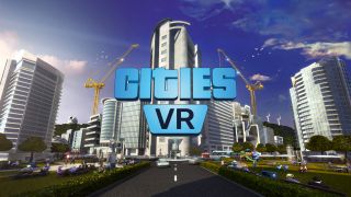 The Cities: VR logo in front of a skyscraper that's under construction