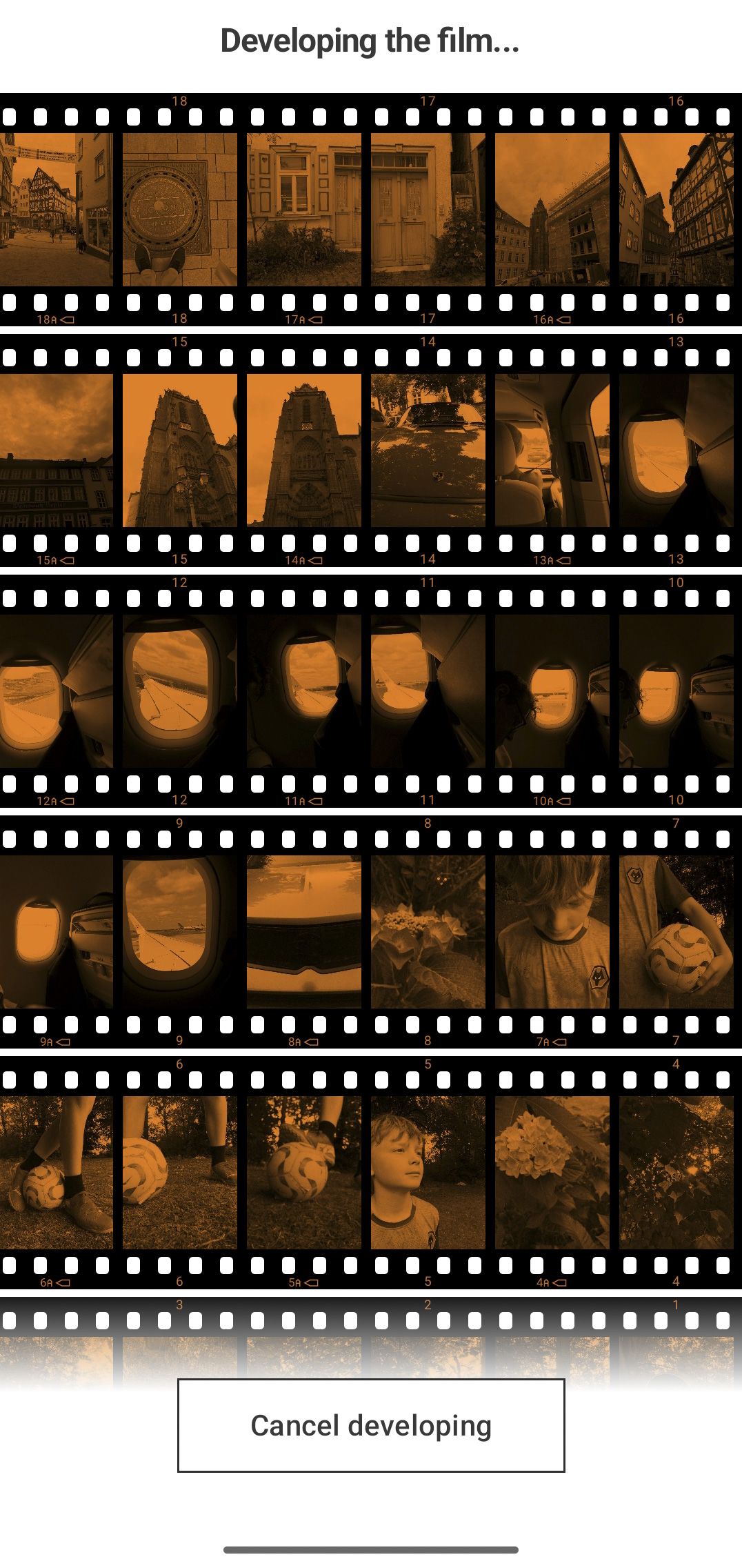 Fujifilm X half app UI, developing film, contact sheet, image gallery