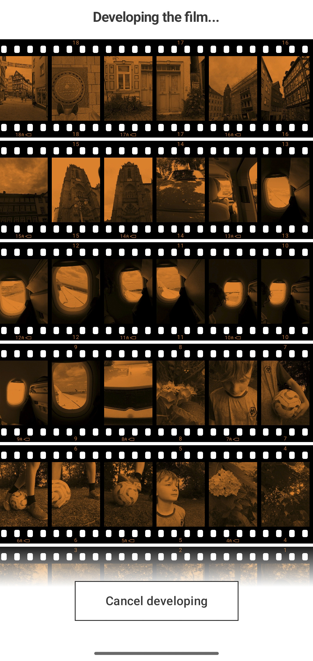 Fujifilm X half app UI, developing film, contact sheet, image gallery