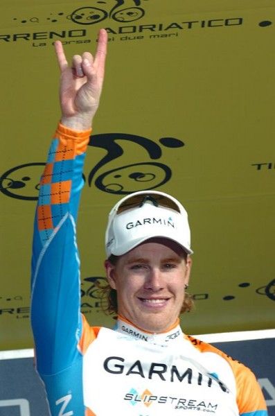Tyler Farrar (Garmin-Slipstream) on the podium after his win in stage three of the Tirreno-Adriatico.