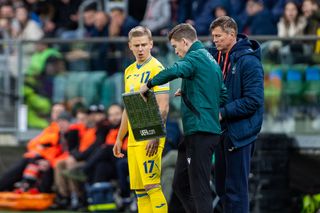 Oleksandr Zinchenko is coming on as a substitute in the UEFA EURO 2024 Play-Offs final match between Ukraine and Iceland in Wroclaw, Poland, on March 26, 2024. (Photo by Andrzej Iwanczuk/NurPhoto via Getty Images)