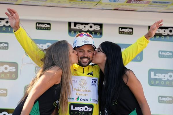 Candido Barbosa (Palmeiras Resort / Tavira) celebrates on the podium after taking the race lead with a win in the prologue.