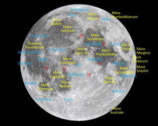 Michael Watson of Toronto captured this composite image of the full moon on Jan. 31, 2018, when the moon was at perigee, its closest approach to Earth for the month. The labels indicate the main dark regions, or maria (yellow), interesting craters (blue) and the Apollo landing sites (red). Around the time of the full moon, the lunar terrain is illuminated by rays of sunlight striking it vertically, so no shadows are cast. At this time, all differences in brightness are produced by variations in lunar geology.