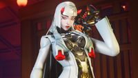 A promotional screenshot of Overwatch hero Shion. A white-haired robot woman with red horns and a white jacket holds a pistol on her shoulder.