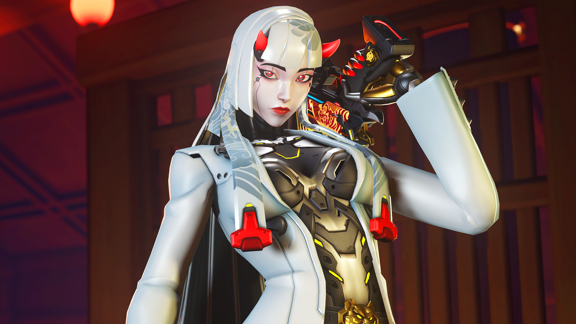 A promotional screenshot of Overwatch hero Shion. A white-haired robot woman with red horns and a white jacket holds a pistol on her shoulder.