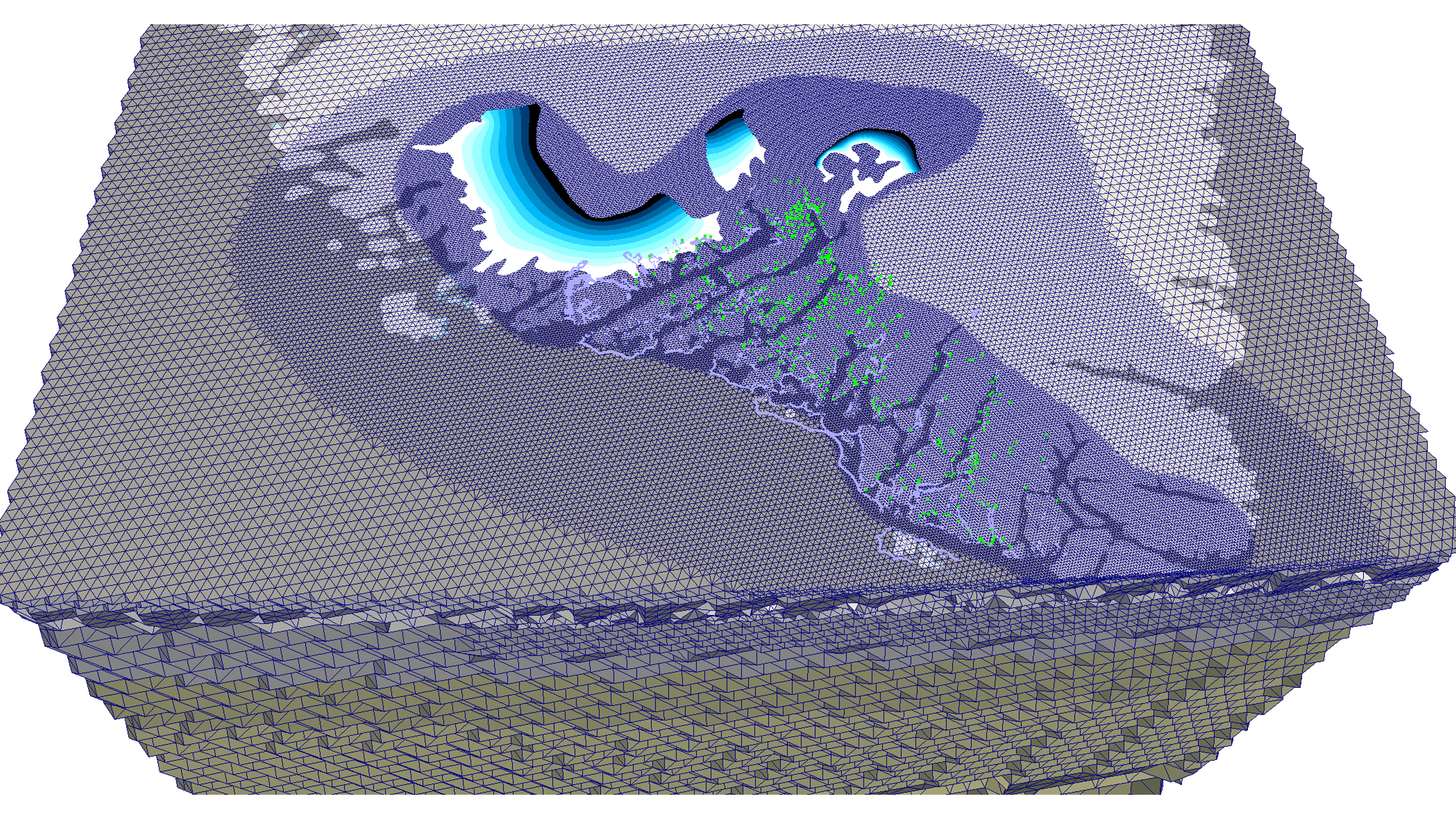 A rectangular digital 3D model showing the topography of part of greenland where it flooded at Viking sites.