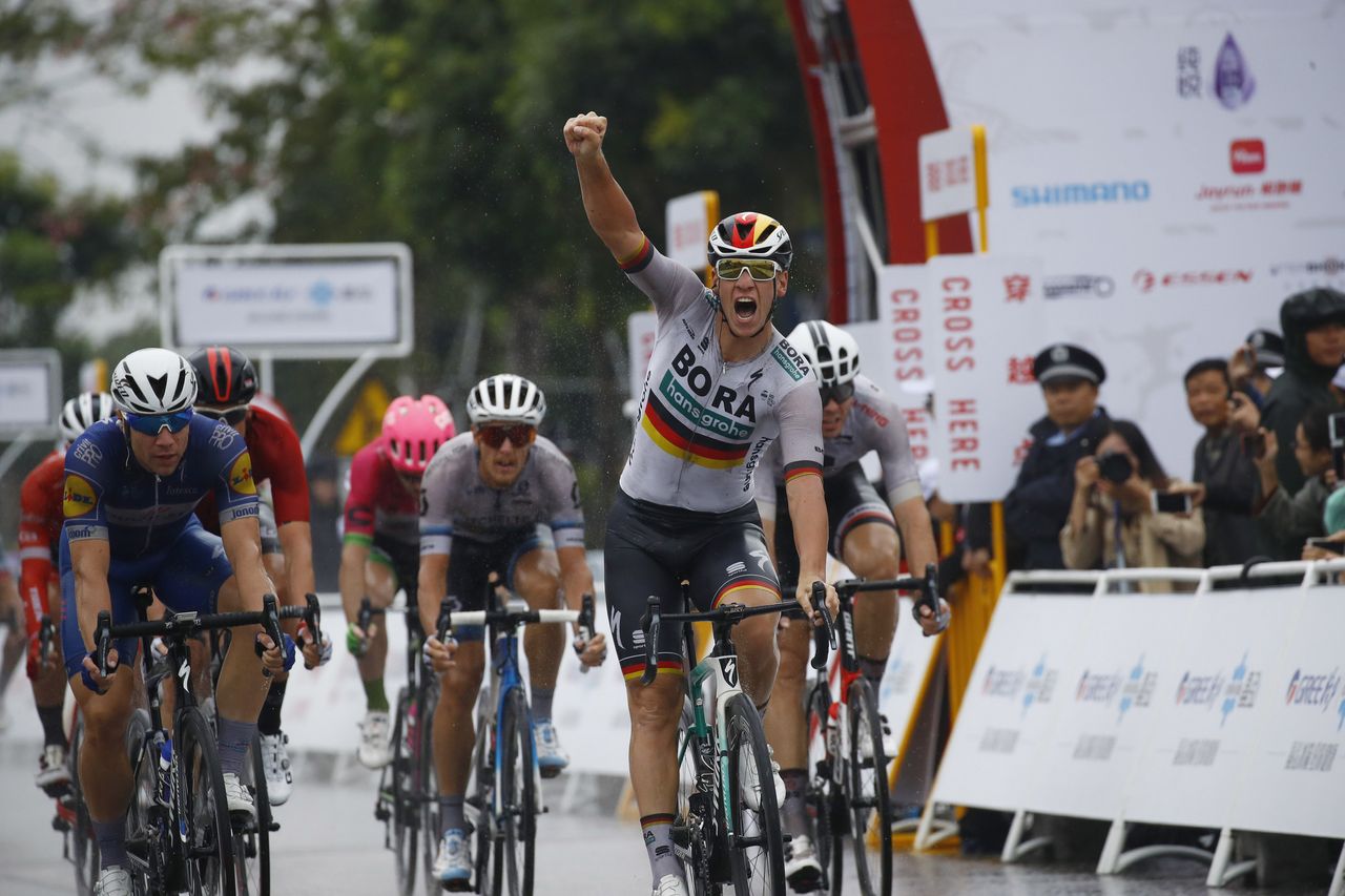 Pascal Ackermann (Bora-Hansgrohe) lets out a cheer of celebration