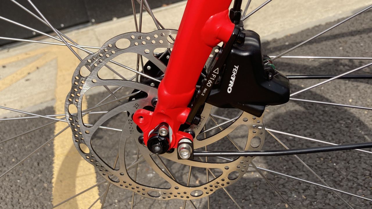 Side-on view of Tektro disc brakes on Trek FX 2 Disc Equipped hybrid bike