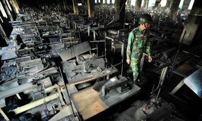 Rows of burnt sewing machines are nearly all that remain after a deadly fire ripped through this garment factory outside Dhaka, Bangladesh.