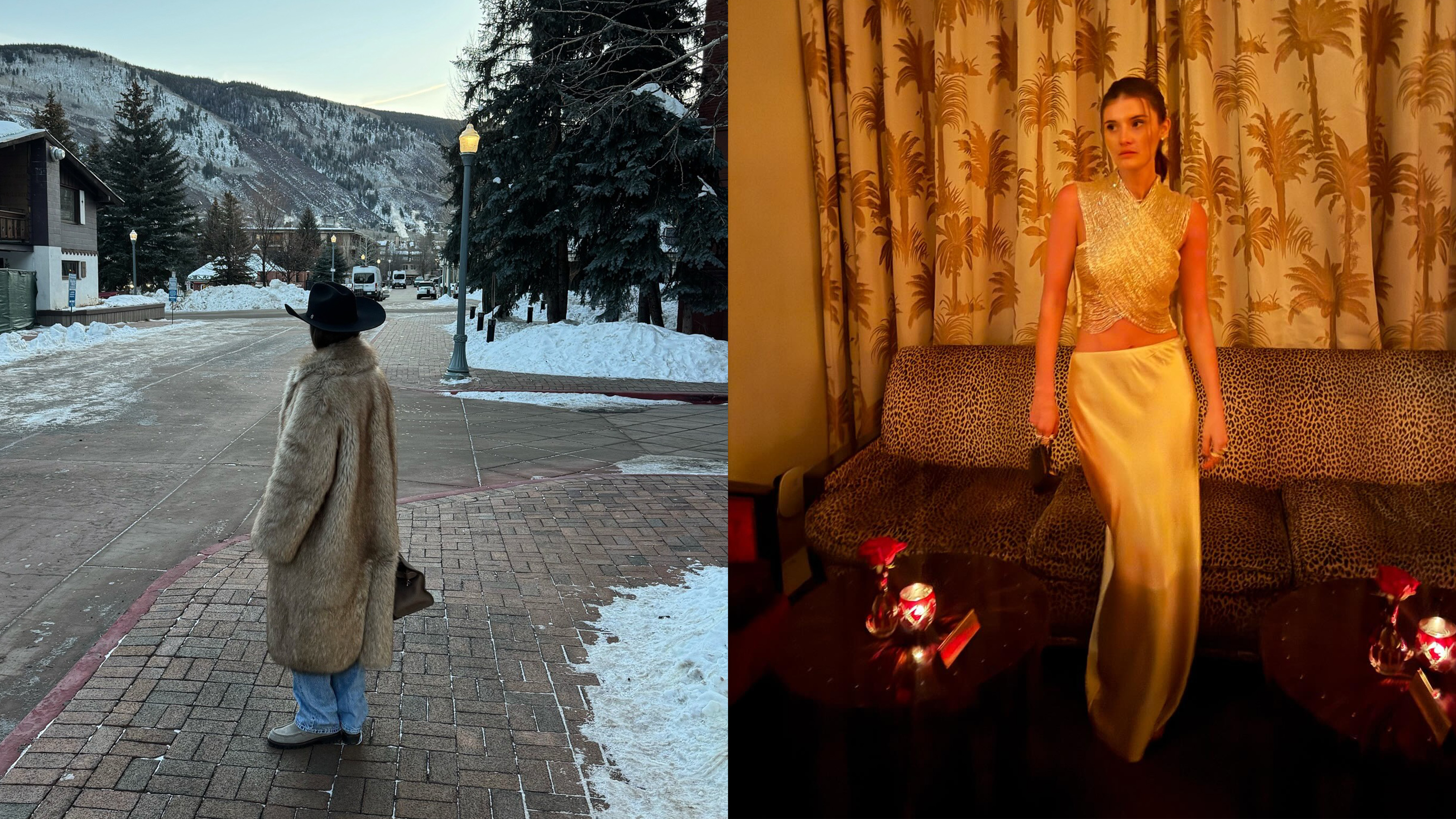 One woman wears a cowboy hat, fur coat, and jeans. One woman wears a cropped gold top and gold slip skirt.