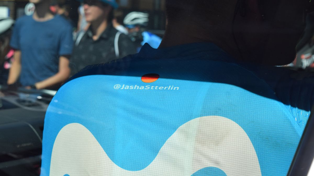 Movistar promote their riders' social media accounts on their jerseys and team bikes