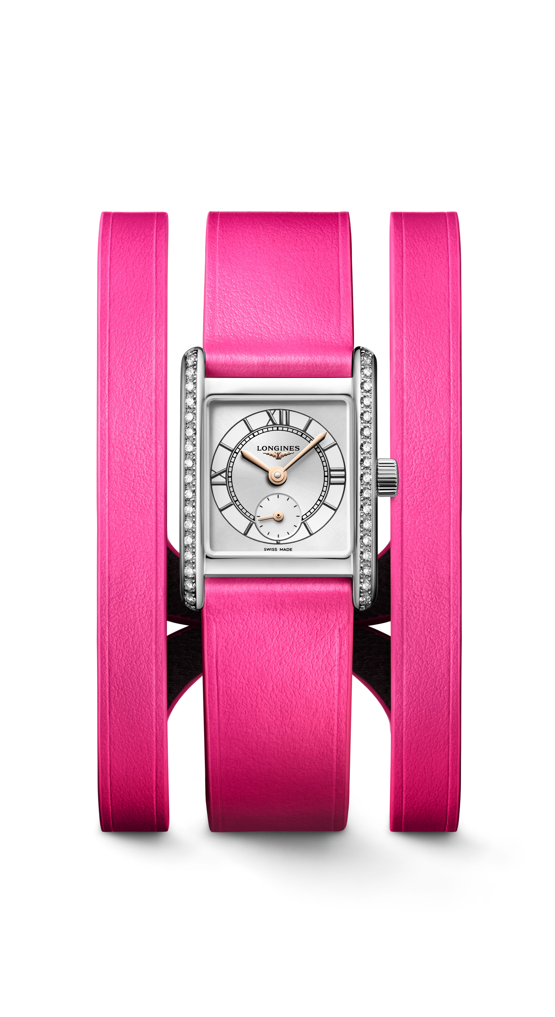 Longines mini dolcevita watch with hot pink leather double straps